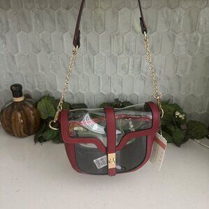 Clear Transparent Crossbody Bag With Red Trim Gold Chain Strap & Magnetic Closur